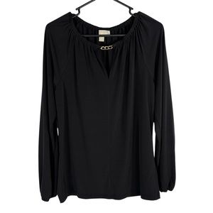 MICHAEL Michael Kors Womens Small Black Blouse Long Sleeve Keyhole Neck Gold